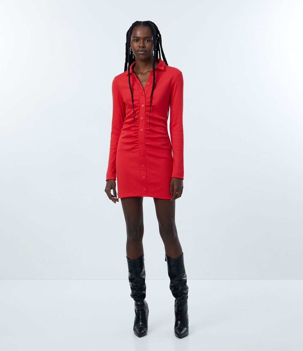 Vestido Curto em Ribana Caneado com Botões Menor preço em Vestido Curto em Ribana Caneado com Botões