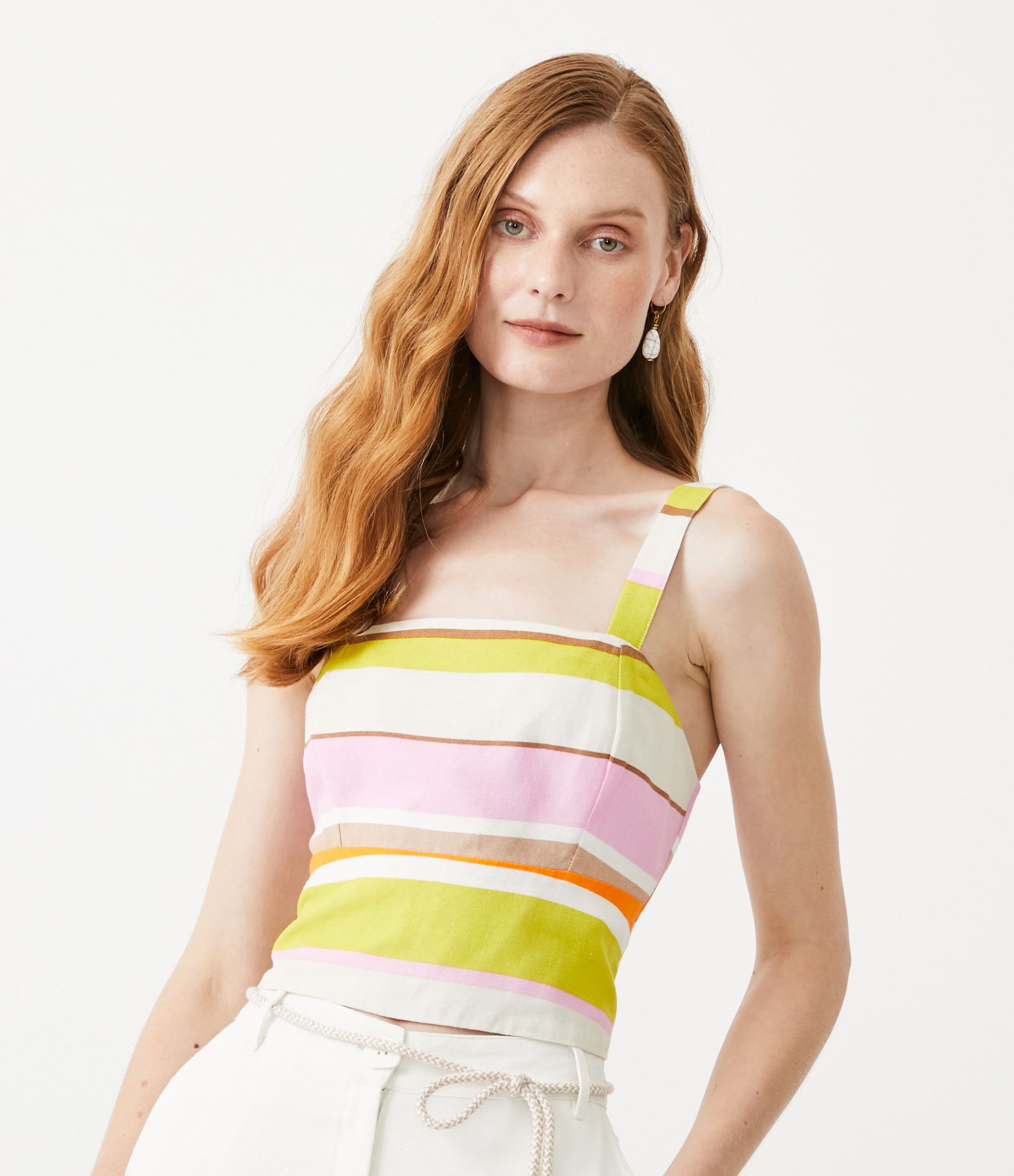 Blusa Cropped em Viscolinho com Estampa Listrada Multicores 1