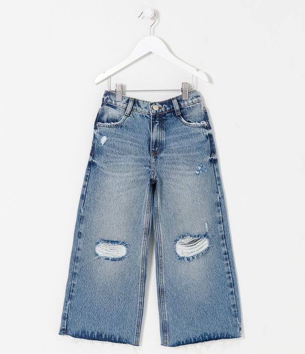 Calça Wide Leg Infantil em Jeans com Puídos - Tam 5 a 14 anos Azul 1