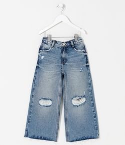 Calça Wide Leg Infantil em Jeans com Puídos - Tam 5 a 14 anos
