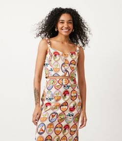 Blusa Regata Cropped em Linho com Estampa com Selos Tropicais