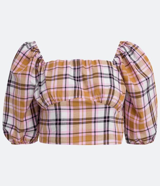 Blusa Cropped en Algodón con Estampado de Cuadros y Lazo en la Espalda Multicolores 7