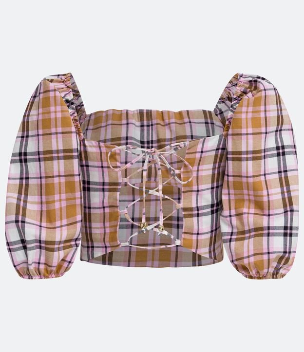 Blusa Cropped en Algodón con Estampado de Cuadros y Lazo en la Espalda Multicolores 8