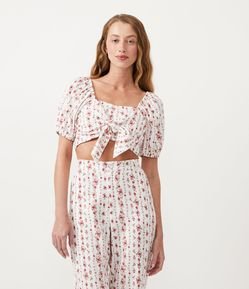 Blusa Cropped em Viscolinho com Laço Frontal e Lastex nas Costas