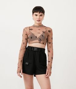 Blusa Cropped em Tule com Estampa de Mini Tatuagens