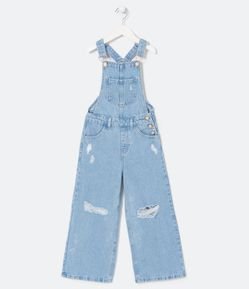 Jardineira Wedi Leg Infantil em Jeans com Puídos - Tam 5 a 14 anos