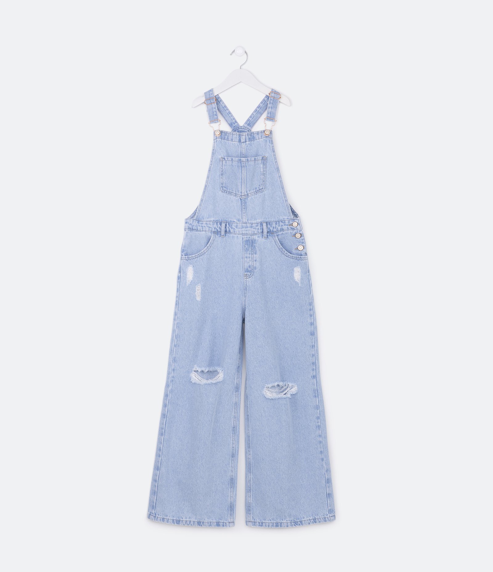 Jardineira Wide Leg Infantil em Jeans com Puídos - Tam 5 a 14 anos Azul 1