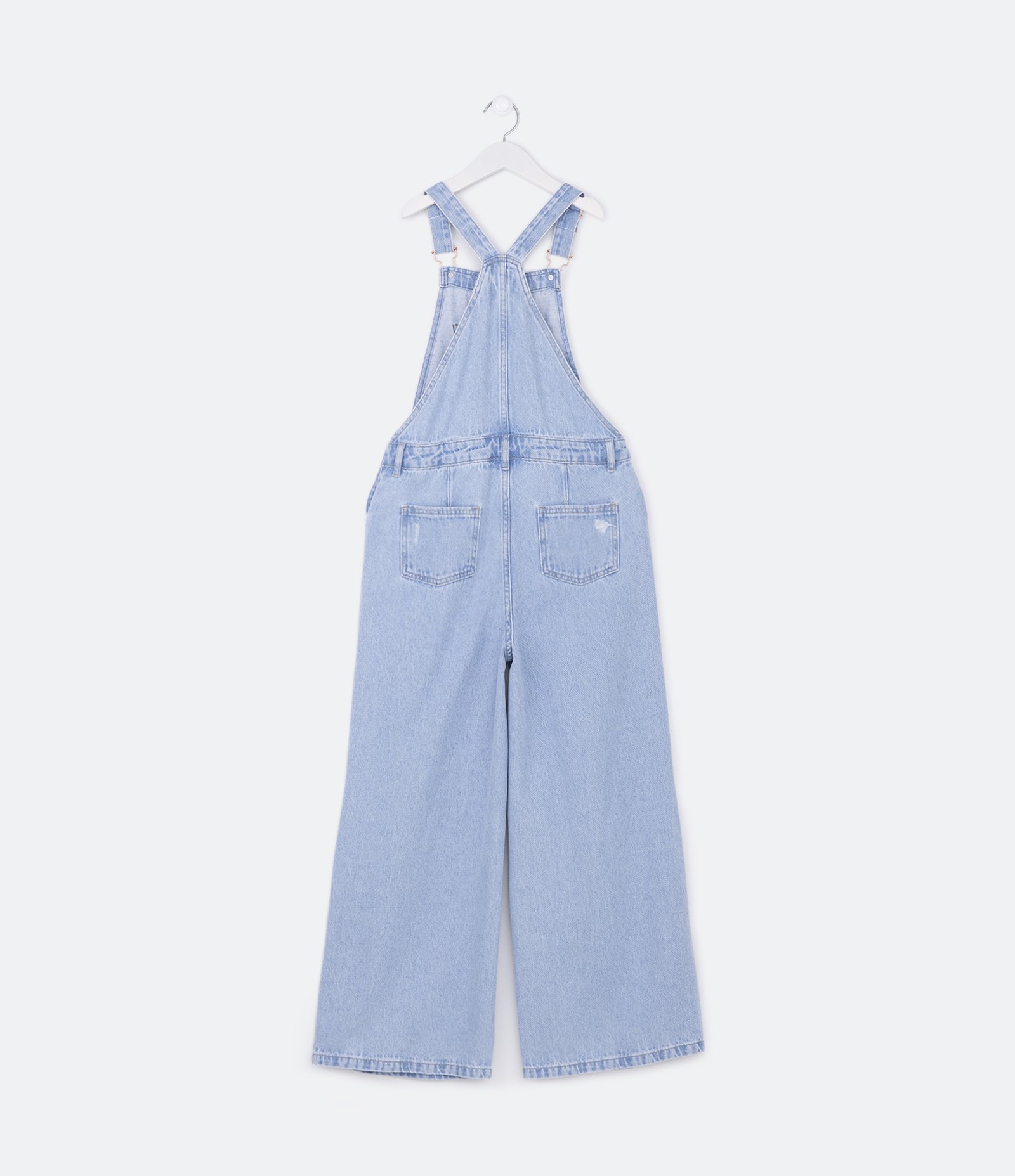 Jardineira Wide Leg Infantil em Jeans com Puídos - Tam 5 a 14 anos Azul 2