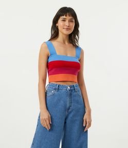 Blusa Regata Super Cropped em Tricô Jacquard Listrado