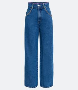 Calça Wide Leg Jeans com Pespontos Neon