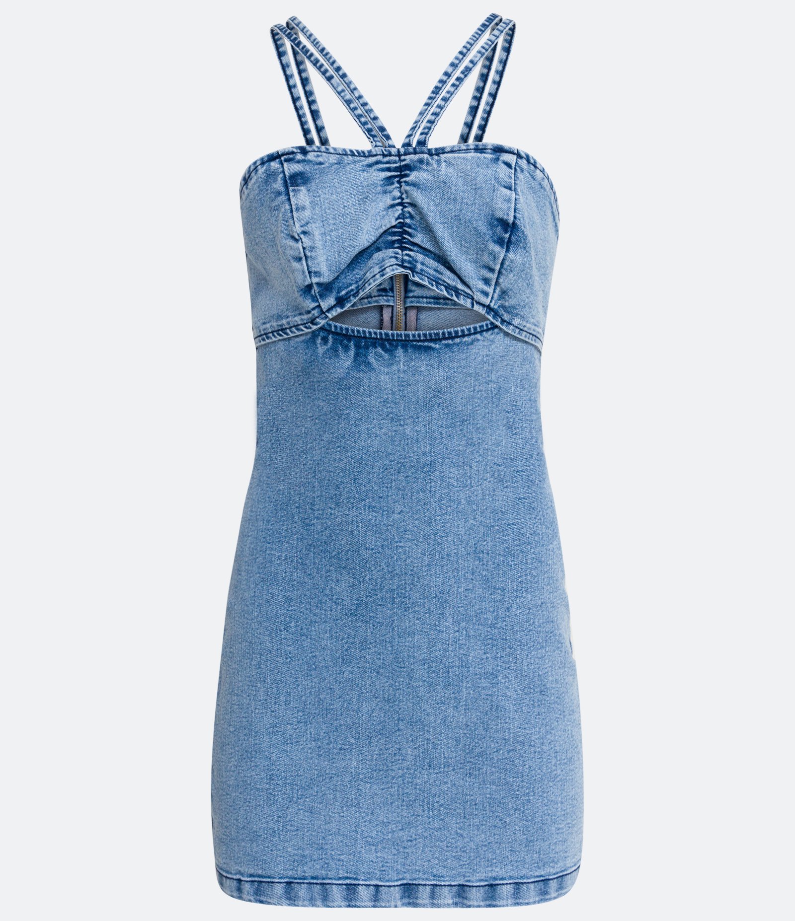 Vestido Curto Jeans com Franzido e Mordidinha Frontal Azul 1
