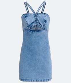 Vestido Curto Jeans com Franzido e Mordidinha Frontal