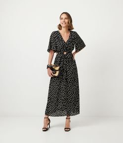 Vestido New Midi em Crepe com Manga Borboleta e Estampa Poá