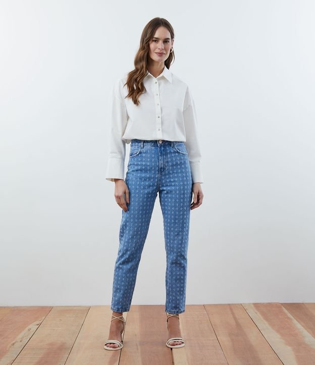 Pantalón Mom Jeans con Cintura Alta y Detalles Texturizados Azul 1