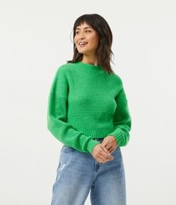 Blusão Suéter Curto em Tricô e Cava Deslocada