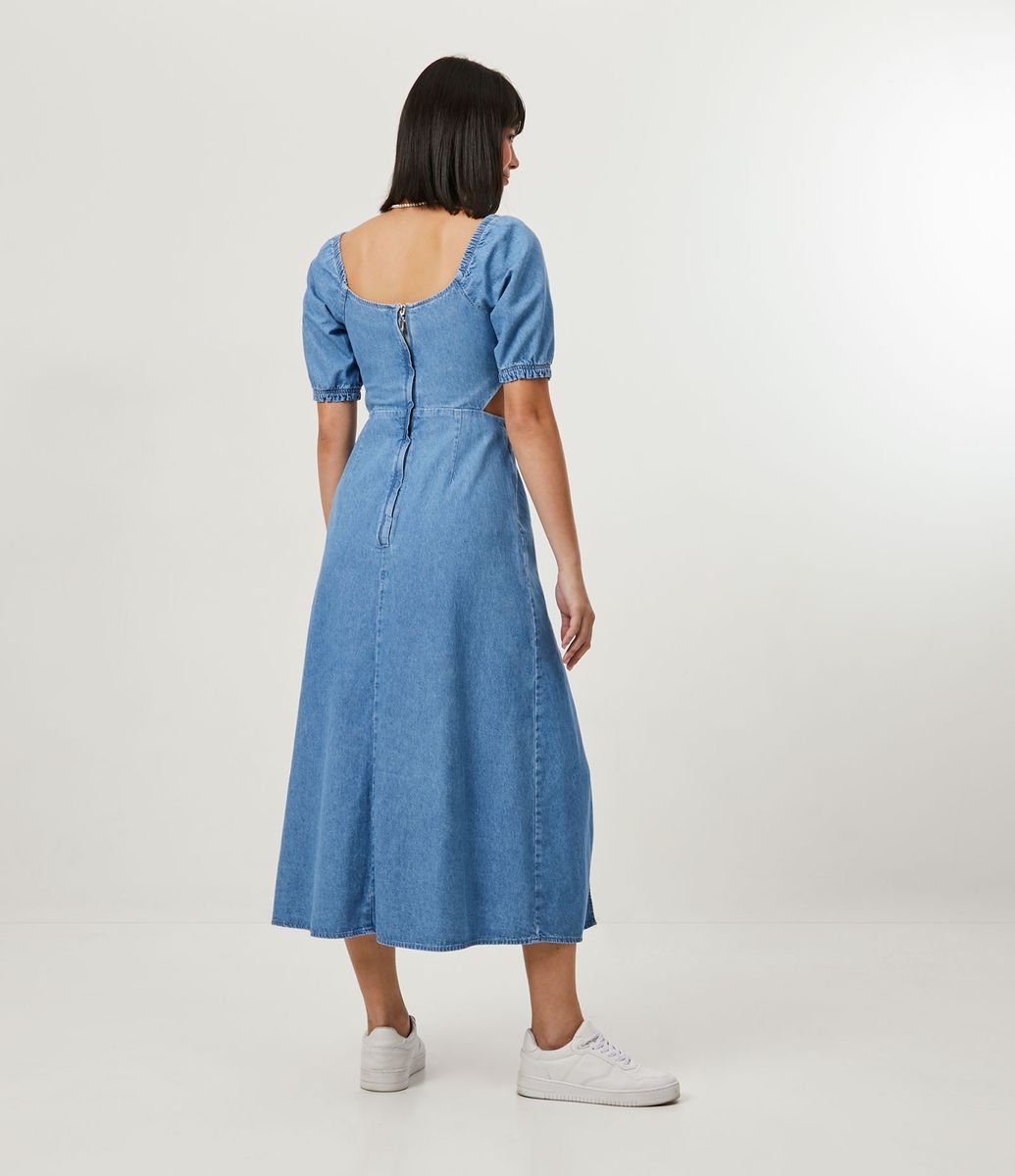 Vestido Midi Jeans com Botões Forrados e Manga Bufante Azul