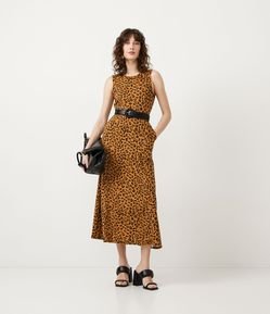 Vestido Midi em Viscose Animal Print Onça com Bolso na Saia