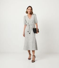 Vestido New Midi em Tweed com Mangas Bufantes