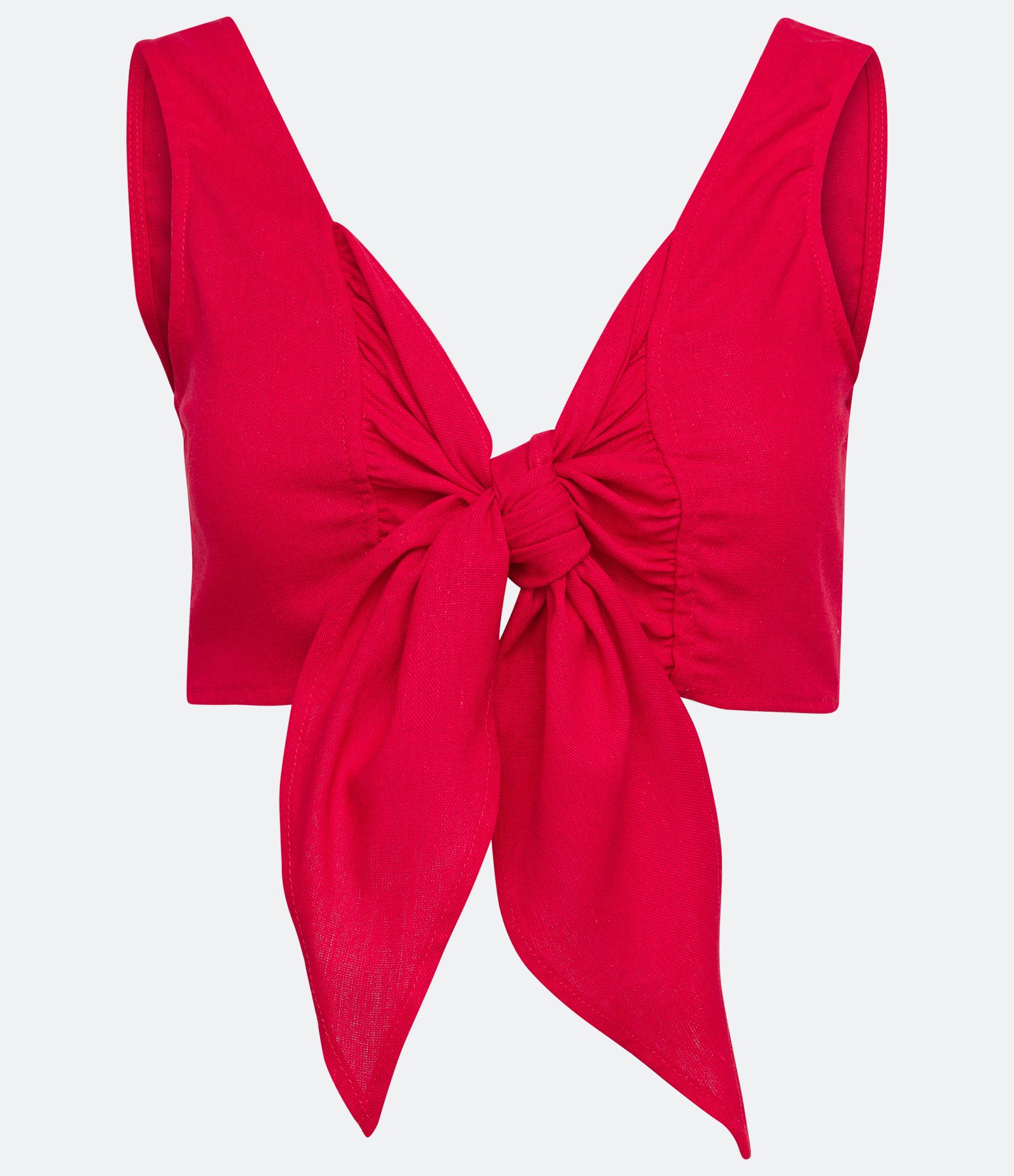 Blusa Regata Cropped em Linho com Decote em Nó e Lastex nas Costas Vermelho 1