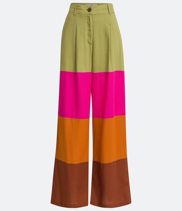 Pantalón Modelo Pantalona en Lino con Bloques de colores contrastantes Verde 5