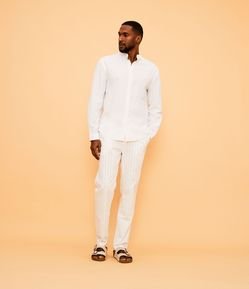 Calça Slim em Linho com Listras e Amarração