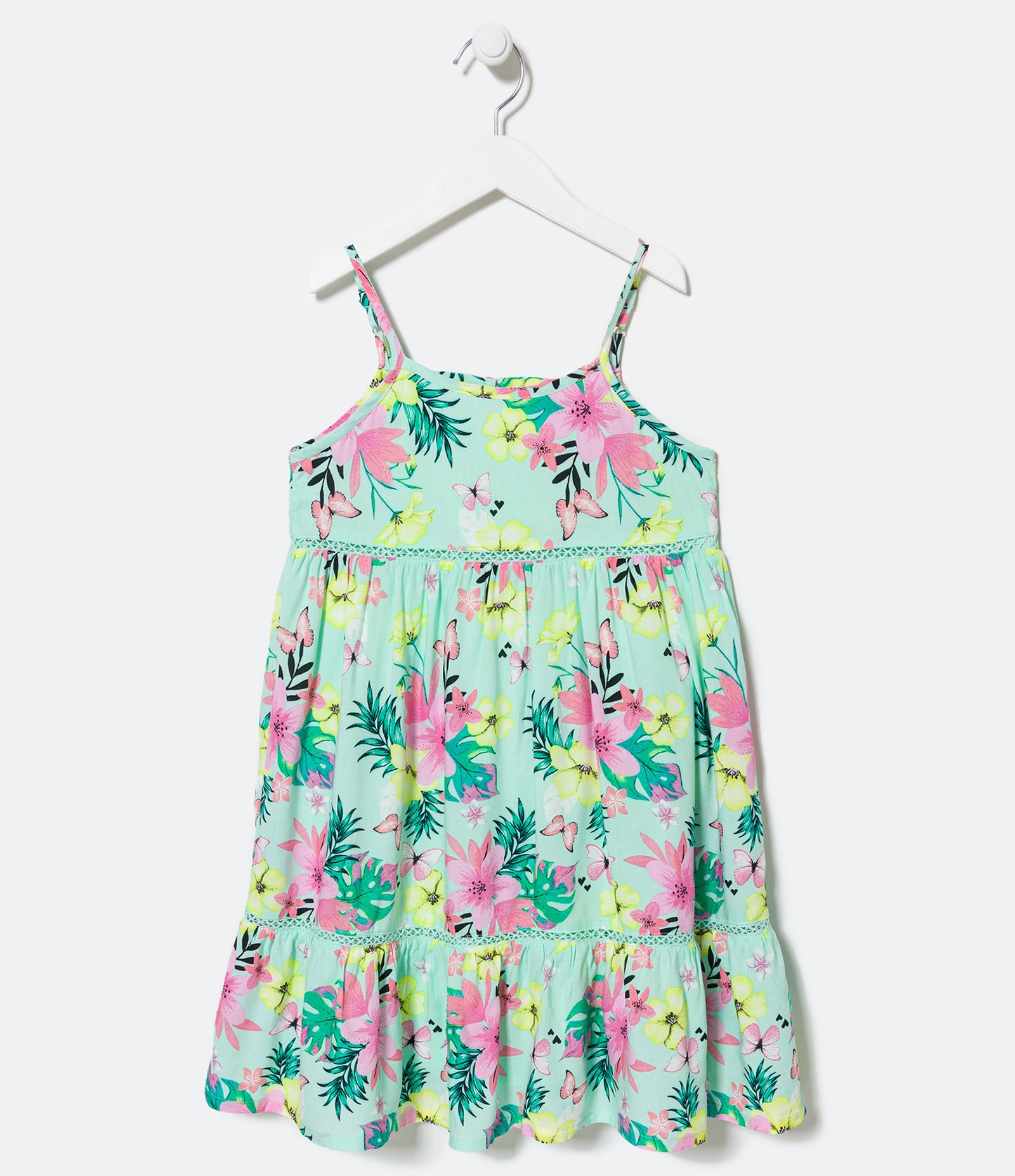 Vestido Marias Infantil Estampa Floral com Rendinha - Tam 5 a 14 Anos Verde 1