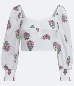 Blusa Cropped em Tricoline Floral com Lastex no Punho