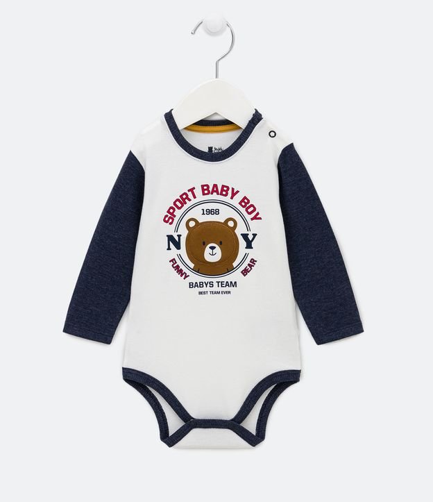 Body Infantil com Estampa de Ursinho e Mangas Contrastante - Tam 0 a 18 meses