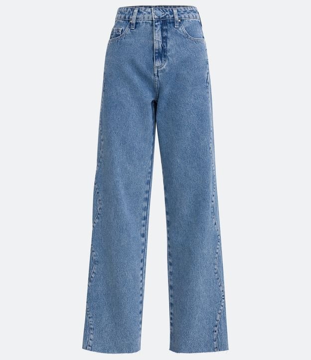 Calça Reta Jeans com Cintura Alta e Costura Ondulada Azul 6
