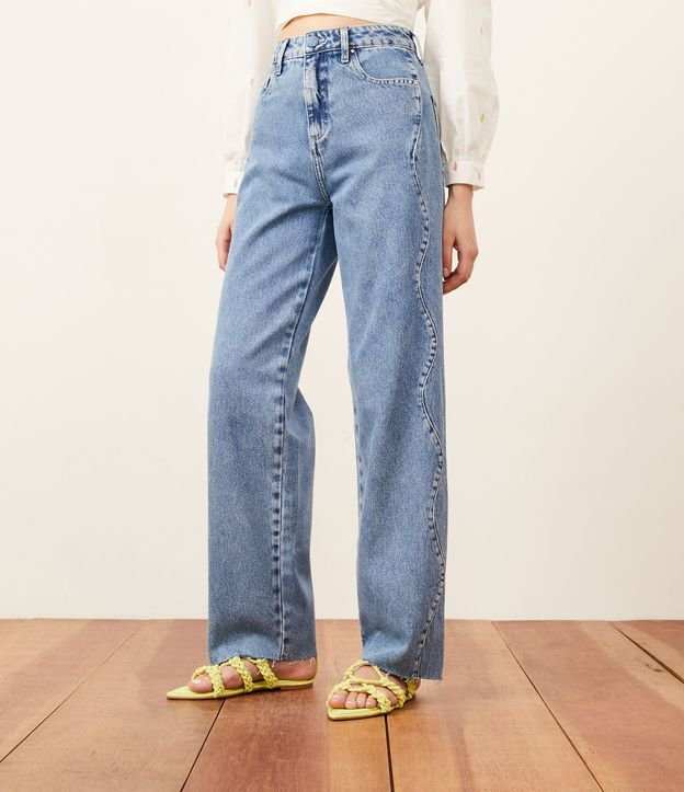 Calça Reta Jeans com Cintura Alta e Costura Ondulada Azul 2