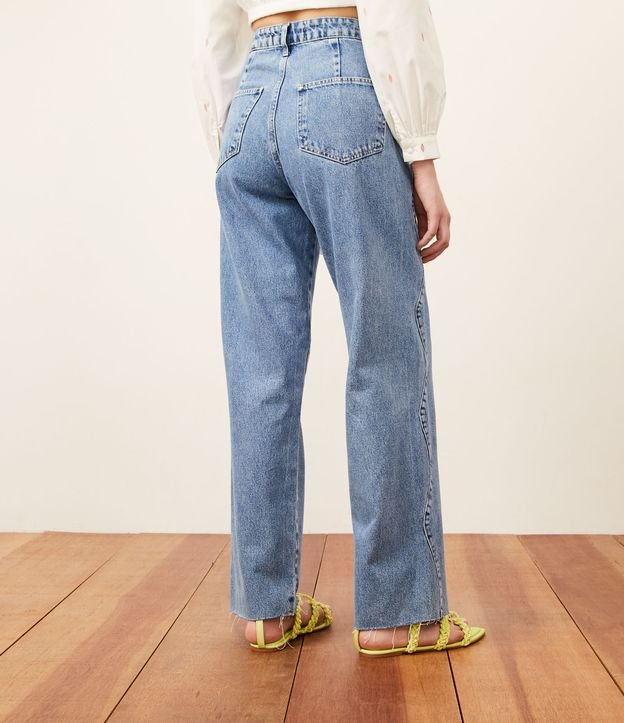 Calça Reta Jeans com Cintura Alta e Costura Ondulada Azul 3