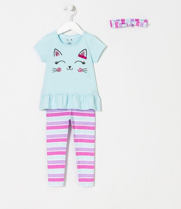 Conjunto Infantil com Estampa de Gatinha e Faixa de Cabelo - Tam 1 a 5 anos