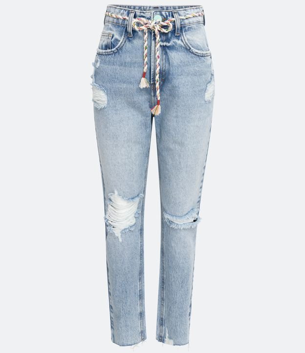 Pantalón Mom en Jeans con Cinturón-Cordón y Rasgos Azul 5