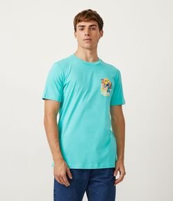 Camiseta em Meia Malha Manga Curta com Estampa Frente e Verso do Stitch Praieiro