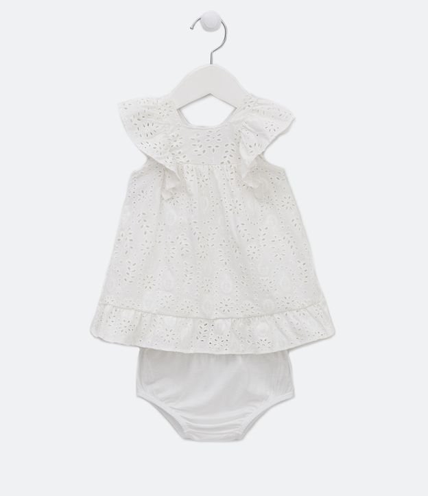 Vestido Infantil com Detalhes em Laise e Calcinha - Tam 0 a 18 meses - Cor: Branco - Tamanho: 9-12M