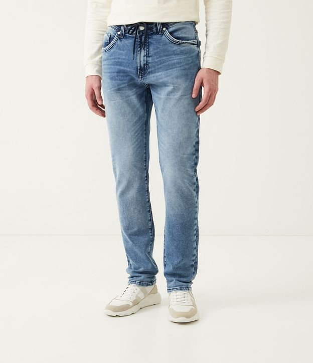 Calça Jeans Slim com Amarração no Cós Azul 2
