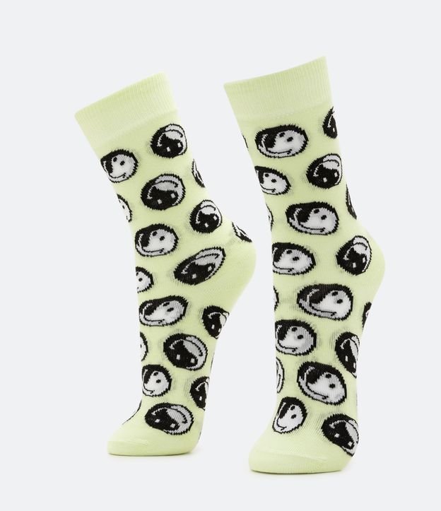 Meia Cano Alto em Algodão com Estampa Yin Yang Smiley