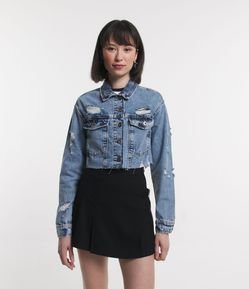 Campera Cropped en Jeans con Desgastess y Barra a Fio