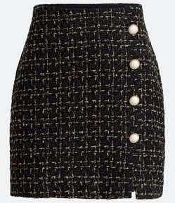 Saia em Tweed Estampada com Botões e Mini Fendinha Frontal