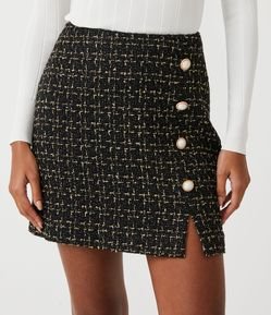 Saia em Tweed Estampada com Botões e Mini Fendinha Frontal