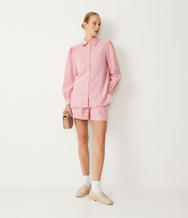 Camisa Manga Larga en Tweed Cuadrillé con Bolsillos Delanteros Rosado 2