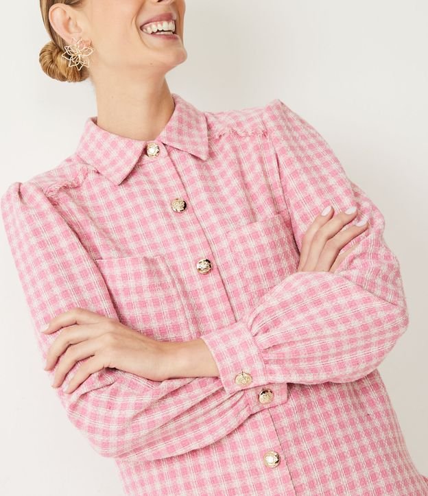 Camisa Manga Larga en Tweed Cuadrillé con Bolsillos Delanteros Rosado 5