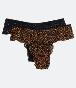 Kit 02 Calcinhas Biquíni Fio em Renda com Estampa Animal Print Onça