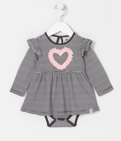 Vestido Body Infantil Listrado com Coração de Organza - Tam 0 a 18 meses