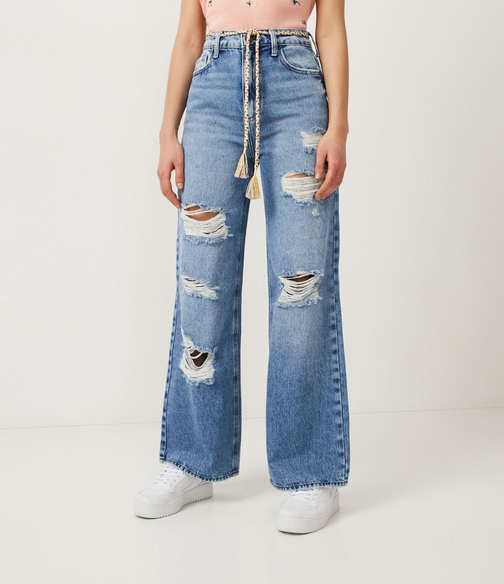 Calça Wide Leg em Jeans com Cinto-Cordão e Rasgos Azul - Renner
