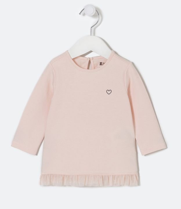 Blusa Infantil com Bordado de Coração e Babado de Tule - Tam 0 a 18 meses