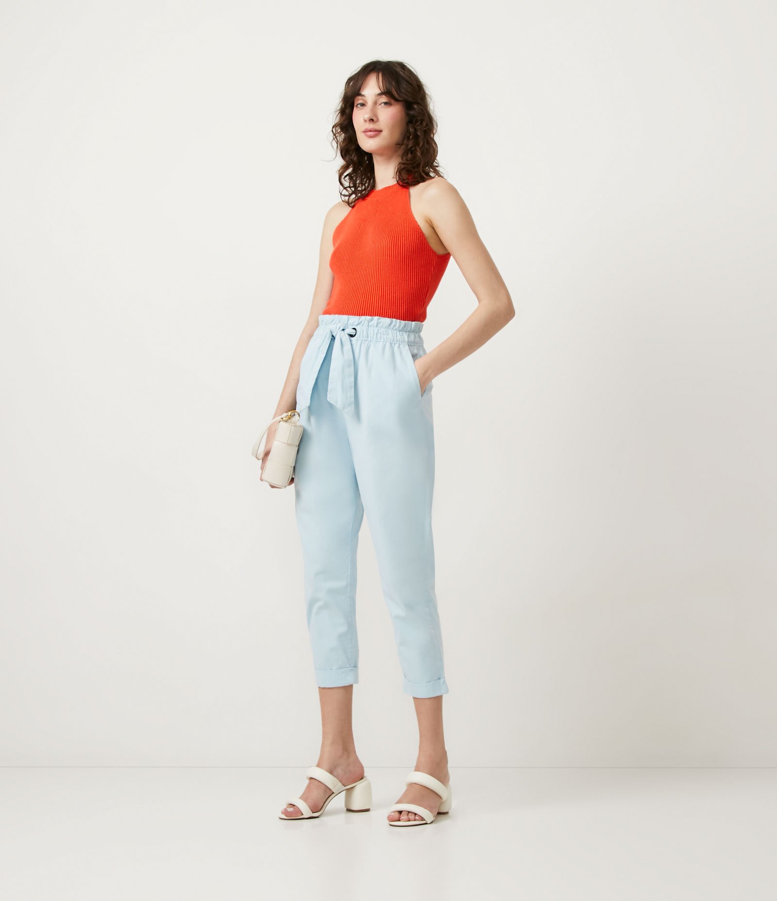 Calça Baggy em Sarja com Cós Elástico e Faixa para Amarração Azul 1