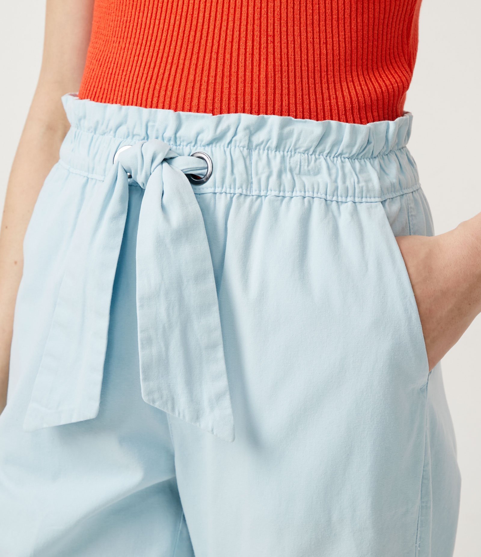 Calça Baggy em Sarja com Cós Elástico e Faixa para Amarração Azul 4