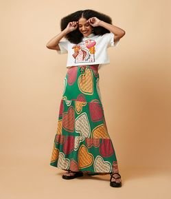 Saia Midi em Poliviscose com Estampa de Corações
