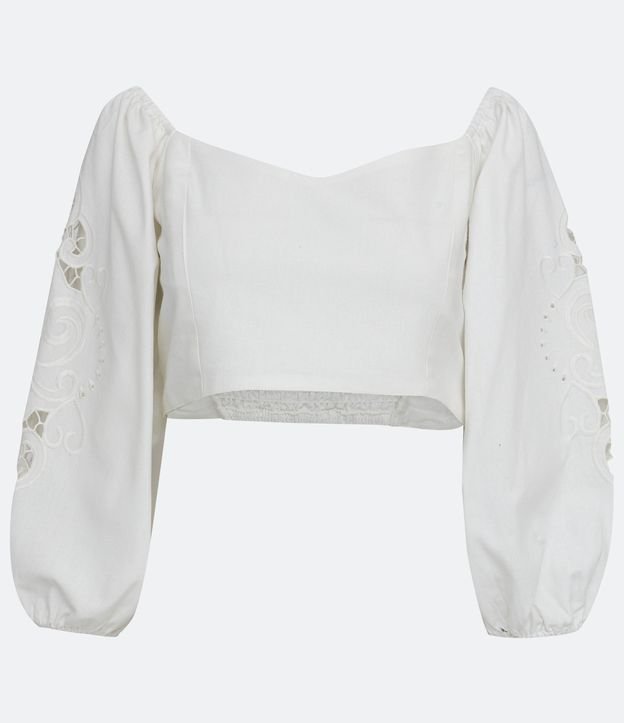 Blusa Corta en Algodón con Bordado y Manga Abullonada Blanco 6